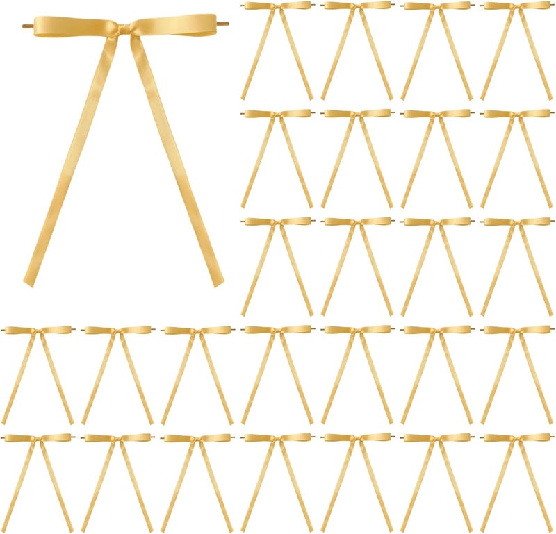 Meseey 30 Pcs Satin Bows with Twist Tie 5 x 7 Inch Pretied Premade Ribbon Bows for Tree Wreath Garland Home Decor Indoor Outdoor Decorations (Gold) - Image 1